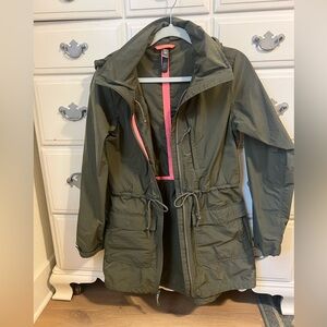 Women’s Mountain Hardwear Olive Utility Rain Jacket with Pink Accents